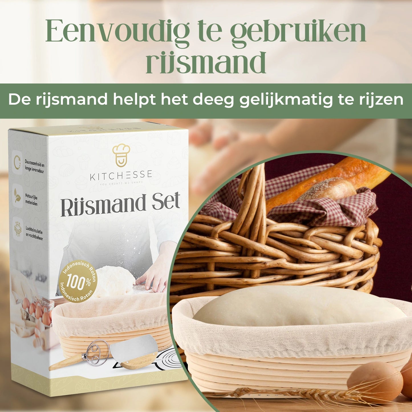 Kitchesse Rijsmand Rond Banneton voor Zuurdesem & Brood Bakken